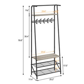 GarveeHome Coat Rack, Hall Tree with Bench and Shoe Storage, Entryway Bench with Coat Rack, 5 Hooks and 3 Tier Shoe Storage, Metal Frame for Entryway, Hallway, Front Door, Grey