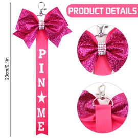 BAOZOON 12 Pcs Cheer Pin Me Ribbon Keychains Glitter Cheer Ribbon Bow Key Chain with Rhinestones for Cheerleader Bag Backpack, Hot Pink, One Size