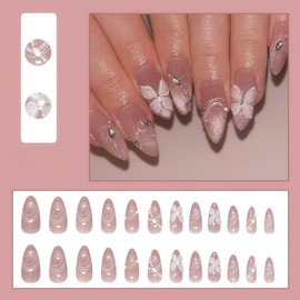 Rchovsam Gillter Press on Nails Medium Almond False Nails 3D Flowers Cat Eye Designs Fake Nails Press Ons Acrylic Full Cover Gel Stick on Nails Gift for Women 26pcs