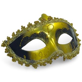 MIJOMA Venetian Style Eye Mask - Elegant Carnival Mask with Intricate Embellishment and Satin Ribbons (Gold Black)