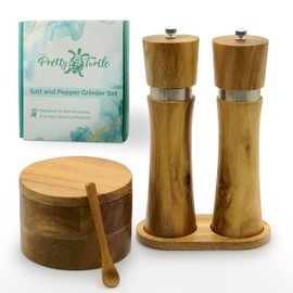 The Pretty Turtle Wooden Salt and Pepper Grinder Mill Set With Holder Made of Premium Acacia Wood Refillable Enviro Friendly (Natural Acacia, 8" with Salt Box)