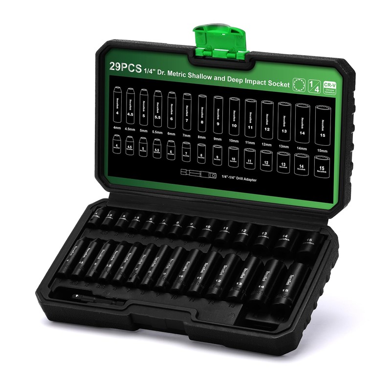 TecoTek 29 Pieces 1/4-Inch Drive Shallow and Deep 12-Point Impact