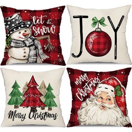 ALINK Christmas Pillow Covers 18x18 Inch Set of 4 Snowman Santa Claus Decorative Red Black Plaid Throw Pillows Merry Christmas Winter Christmas Decor for Home Couch