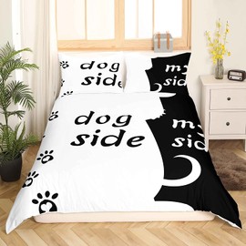 Dog Side and My Side Printed Bedding Duvet Cover Full Size Couple Pattern Black White Dog Bedding Set Romantic Theme Comforter Cover for Couple Teen Soft Lightweight Quilt Bedspread Cover RV Décor