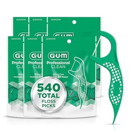 GUM - Púas de hilo limpias, hilo extra fuerte, resistente a la trituración, mango de fácil agarre, hilo dental para adultos, sabor a menta fresca, 90 unidades (paquete de 6)