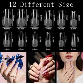 Medium Coffin Nail Tips, 600PCS Clear Half Frosted Nails Tip Fake Nails Pre-Shape Press on Nails Long Ballerina Nails Full Cover Artificial Nail Tips For Nail Salons and Home DIY, 12 Sizes