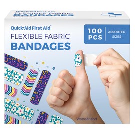 Quick Aid First Aid Wonderland Bandages, Variety Pack 100 Count, Fun Designs for Kids Adults, Gentle Adhesion Soft Breathable, Bandages for Minor Cuts Scrapes, First Aid Supplies