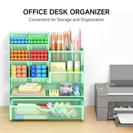 VITVITI Mesh Desk Organizer with Drawer Desk Tidy Desktop Stationary Organiser Desk Tidy Organiser Storage Multifunctional Metal Mesh Pen Pencil Holder Pen Pot Desk Home School Office (Green)