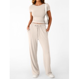 Trendy Queen Womens 2 Two Piece Set 2025 Summer Workout Beach Vacation Gym Clothes Fall Fashion Lounge Matching Sweatsuit Sweat Teacher School Wide Leg Pant Travel Outfit Fitness Athletic Clothing