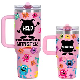 Cosictic Mama And Mini Tumbler Set, Help I'Ve Created A Monster Mom and Kids Tumbler, Mother's Day Gift for Mother and Kid, 40 Oz And 14 Oz Flip Straw Lid Tumbler Set, Pink