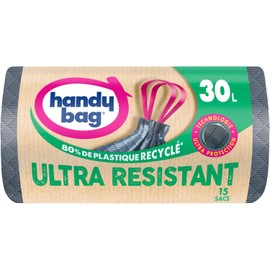 HANDY BAG 15 x 30L Heavy Duty 80% Recycled Plastic Rubbish Bags with Push Handles Technology Ultra Protection 3 Ply Leak Proof 53 x 63 cm
