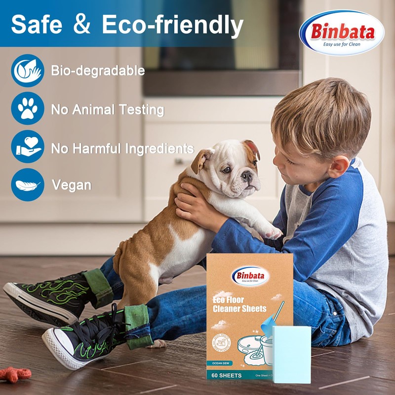 Binbata Eco Floor Cleaner Sheets, 60Pcs(Up to 120Load) Plastic Free