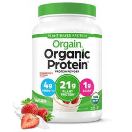 Orgain Organic Vegan Protein Powder, Strawberries & Cream - 21g of Plant Based Protein, Low Net Carbs, Gluten/ Lactose Free, No Sugar Added, Soy Free, Non-GMO, 2.03 Lb