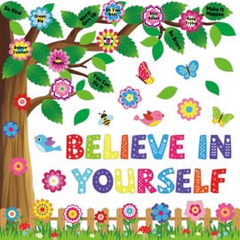gisgfim Spring Tree Bulletin Board Decorations Set Believe in Yourself Cutouts Positive Sayings Classroom Bulletin Board Flowers Butterfly Cutout for School Office Home Nursery Door Wall Decor