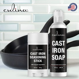 Culina Cast Iron Seasoning Stick & Soap & Restoring Scrub & Stainless Scrubber | All Natural Ingredients | Best for Cleaning, Non-stick Cooking & Restoring | for Cast Iron Cookware, Skillets, Pans