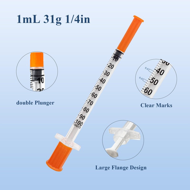 U-100 1ml/cc 31G 1/4 inch (6mm) Needles,Individually Wrapped Pack of