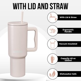 SIPPA Insulated Tumbler with Handle AKA Gobelet Isotherme, Double Wall Vacuum Tumbler with Straw and lid, Reusable Stainless Steel Water Bottle with Handle, Leak Proof Tumbler for Iced Coffee (Cream)