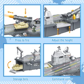 deAO Aircraft Carrier Battle Ship Army Toys - Military Vehicles, Warplanes, Warships, Helicopter, Trucks, Tanks - Army Men Toys for Kids Boys Girls