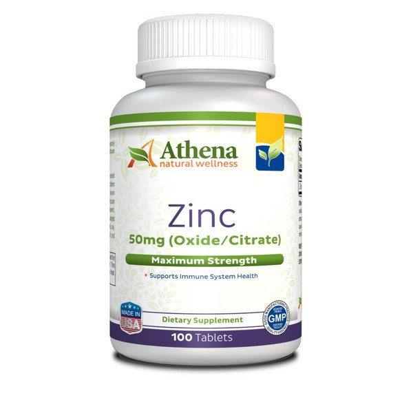 Athena - Zinc Supplement Tablets 50mg - Oxide/Citrate - 100 Coated Tablets