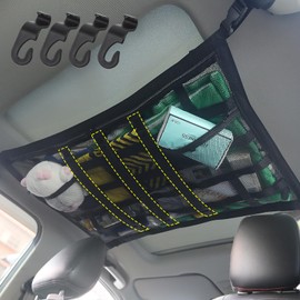 Isvo Upgrade Car Ceiling Cargo Net Pocket, 29.5''x19.5'' Strengthen Load, Adjustable Velcro, No Sagging and Two Pocket Organizers Storage, for SUV Travel Long Road Trip Camping Accessories, Black 2