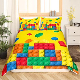 Loussiesd Building Block Print Bedding Set - Single Size Kids Brick Styles Comforter Set for Boys Teens - Colorful Duvet Cover Breathable Gaming Yellow Bedspread Room Decor Quilt Cover