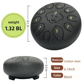 Steel Tongue Drum 6 Inch 11 Notes, Rain Drum for Meditation & Garden, Carbon Steel with Bag & Mallets, Musical Gift for Beginners (Matte Black)