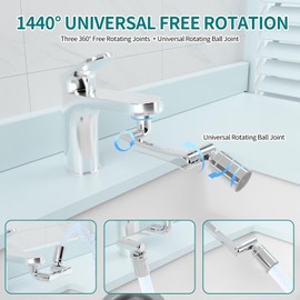 EXSSRACH 1440° Rotating Faucet Extender, Brass Multifunctional 1080°+ 360° Swivel Extension Robotic Arm Sink Aerator for Kitchen/Bathroom, 2 Water Outlet Modes, Silver