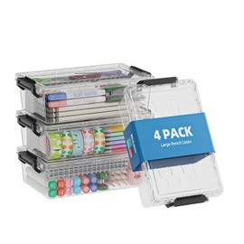 BiuLeon 4 Pack Extra Large Pencil Box, Plastic Pencil Case Organizer, Clear Crayon Box Marker Organizer, Stackable Craft Organizers and Storage for Pen, Craft, Art Supply(Black)
