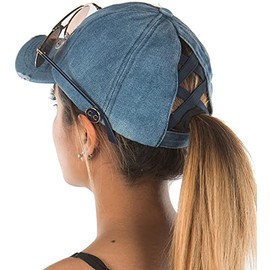 Criss Cross Ponytail Hat w/Buttons - Denim