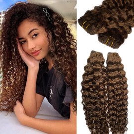 Deep Curly Sew in Hair Extensions for Women Medium Brown Sew in Hair Real Human Hair #4 Weft Hair Extensions 20 Inch 100Gram Sew in Weave Human Hair Full Ends Hand Tied Double Drawn Hair Bundles