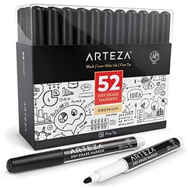 Arteza Dry Erase Markers, Bulk Pack of 52 (with Fine Tip), Black Color with Low-Odor Ink, Whiteboard Pens, Office Supplies for School, Office, or Home
