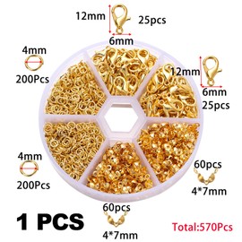 570 Pcs Armband Verschlüsse Set,Perlen Verschlüsse,Verschlüsse für Armbänder,Kettenverschluss,Biegeringe Karabinerverschluss und Crimpenden,Schmuckverschlüsse,für DIY Schmuck Basteln-Gold