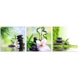 TutuBeer 3 Panel Zen Canvas Wall Art Still Life Spa Stones with White Frangipani Green Bamboo Frangipani Flower Pictures Prints on Canvas for Home Wall Decor Stretched and Framed Each Panel 12x12inch