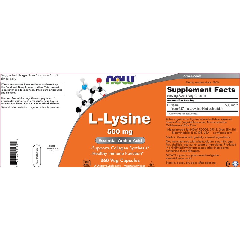 NOW L-Lysine 500 mg, 360 Capsules