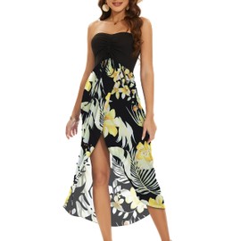 Strapless Dresses for Women Summer Sundress Casual Floral Beach Coverups Dress.(Black Yellow Flowers,L)