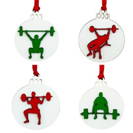 Weightlifting Christmas Tree Ornament 4 Piece Set, Includes 4 Different Wooden Weightlifting Style Ornaments, Weightlifting Gift, Fitness Ornament (All Male Lifter 4 Pack)