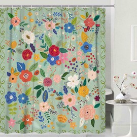 Floral Shower Curtain for Bathroom, Teal Green Flower Bath Curtains Watercolor Girls Shower Curtains Flowered Shower Curtain Sets with Hooks Pink Floral Bathroom Decor Pink Shower Curtain, 70X70IN