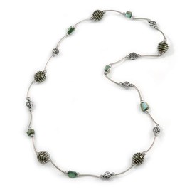 Avalaya Green Shell and Glass Bead with Wire Detailing Necklace In Silver Tone Metal - 70cm L