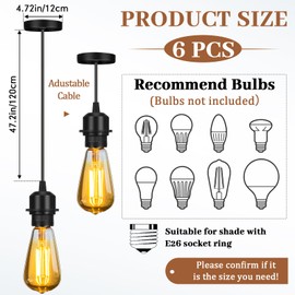 Retisee 6 Pcs Industrial Mini Pendant Light Kit E26 Lamp Socket Cord Hanging Light Vintage Fixture Adjustable DIY Pendant Light Fixtures for Kitchen Bedroom Home Corridor Studio Office Ceiling, Black