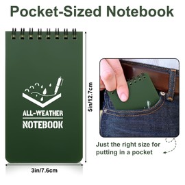 RETON Pack of 10 Waterproof Notepads, All-Weather Notepads with Top Spiral, 3 x 5 Inch Pocket Notebook, Tactical Steno Blocks with Grid for Outdoor Activities Recording (Army Green)