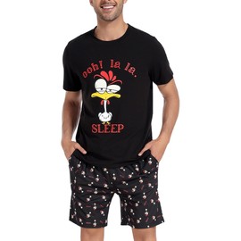 Men Pajamas Shorts Set Cotton Sleepwear Sets Short Sleeve 2 Piece Outfits Set with Pockets Black M