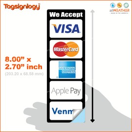(2 pcs) We Accept Credit Card & Mobile Payment Service (8.00 x 2.70 inch) POS Cashier Signs Waterproof Stickers Compatible for Visa, MasterCard, AmEx, (Apple Pay & Venmo Compatible)