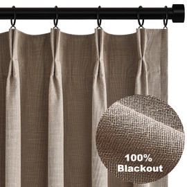Topfinel 100 Inch Long Black Out Burlap Custom Curtains, Taupe Greige Tweed Pleated Window Coverings, Pinch Pleated Boho Farmhouse Heat Sound Block Back Tab Curtains for Sliding Door Bay Window