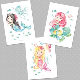 Sunnywall® Set of 3 Mermaid Sea World Posters for Children's Room - A4 Pictures Baby Room Children's Posters Without Picture Frame - Decorative Girl Boy (Mermaids Sea World, A4 (21 cm x 29.7 cm))
