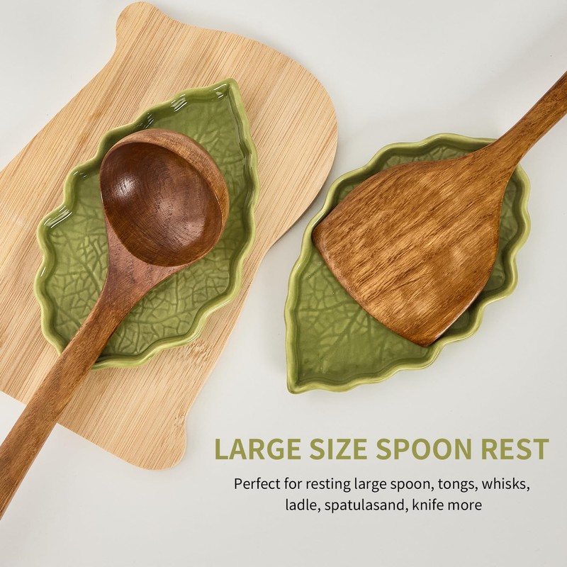 Ceramic Spoon Rest for Stove Top, Cute Green Leaf Shaped