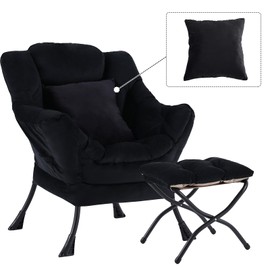 YOTATING Lazy Chair with Ottoman, Comfy Reading Lounge Chair with Footstool & Throw Pillow Modern with Armrests & Side Pocket for Living Room, Bedroom, Dorm Room, Velvet Black