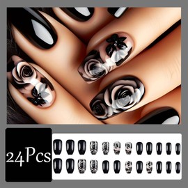 24Pcs Rose Flower Press on Nails Medium Square Full Cover Fake Nails with Design Black Rose Glue on Nails Acrylic Glue on Nails Black Rose Full Cover Stick on Nails Reusable Artificial Nails for Women
