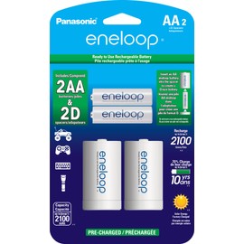 Eneloop Panasonic K-KJS1MCA2BA D Size Battery Adapters AA 2100 Cycle Ni- MH Pre-Charged Rechargeable Batteries, 2 "D Adapters with 2 Batteries