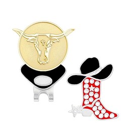 NAVIKA Red Cowgirl Boot Golf Ball Marker with Austrian Crystals and Gold Longhorn Ball Marker with ONE Magnetic Hat Clip | Western Themed Golfing Accessory | Gift for Golfers