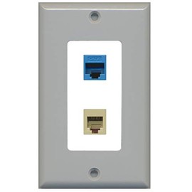 RiteAV - 1 Port Phone Beige 1 Port Cat6 Ethernet Blue Decorative Wall Plate - Gray/White - Bracket Included